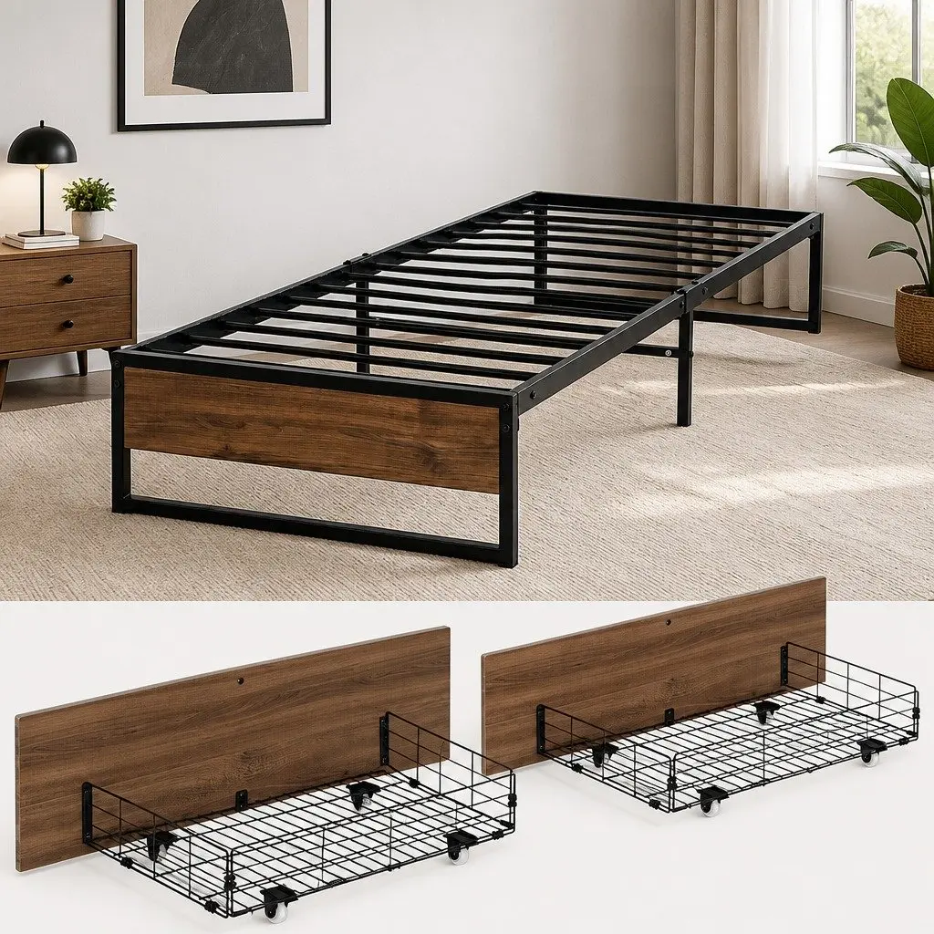 King Single Metal Bed Frame with Drawers