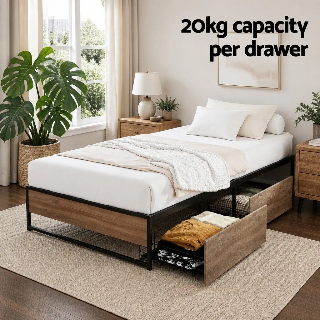 King Single Metal Bed Frame with Drawers