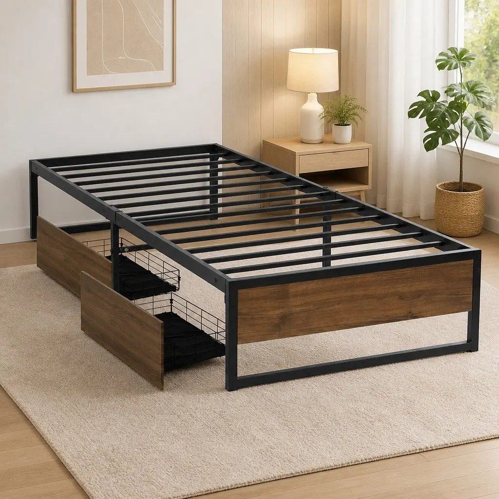 King Single Metal Bed Frame with Drawers