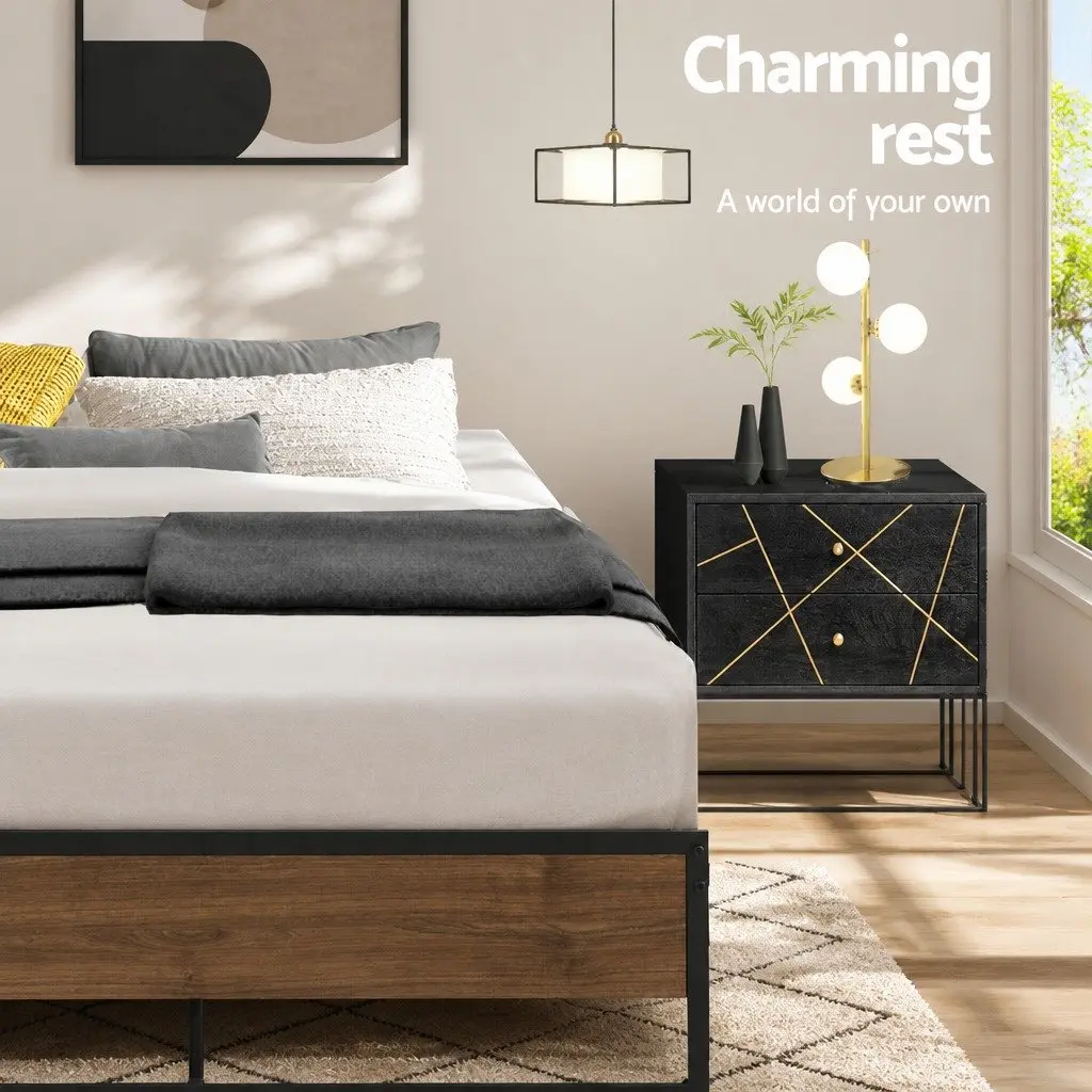 Metal Bed Frame King Single Industrial Design Steel MDF Black Bedroom Furniture