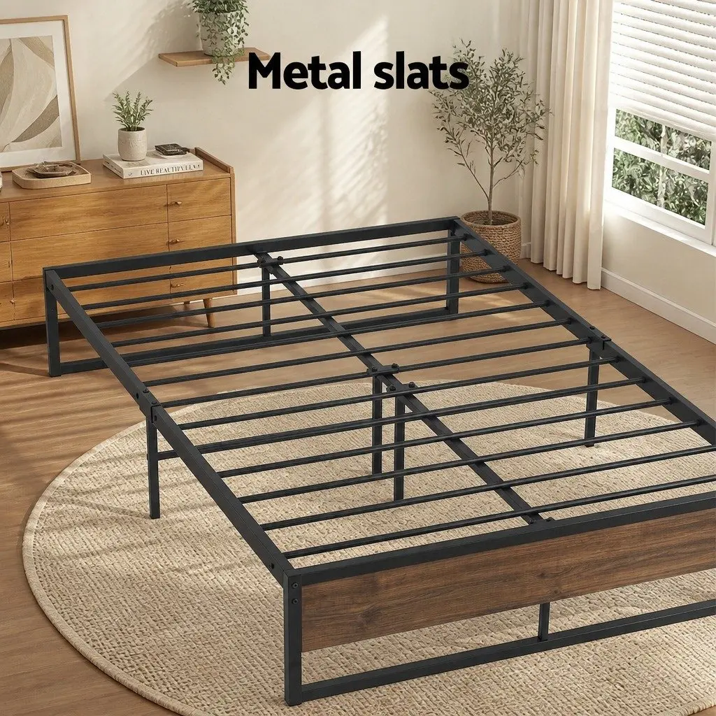Queen Size Bed Frame with 2 Storage Drawers Metal Steel Base Industrial Design