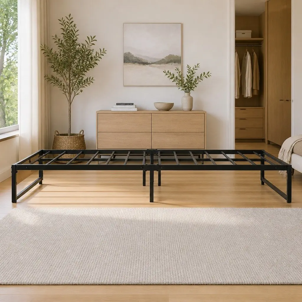 Queen Metal Bed Frame with Wood Accents