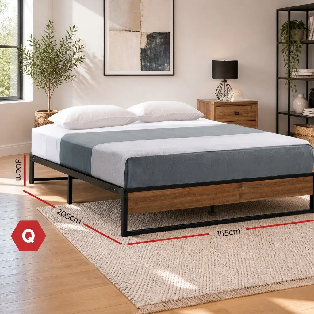 Queen Metal Bed Frame with Wood Accents