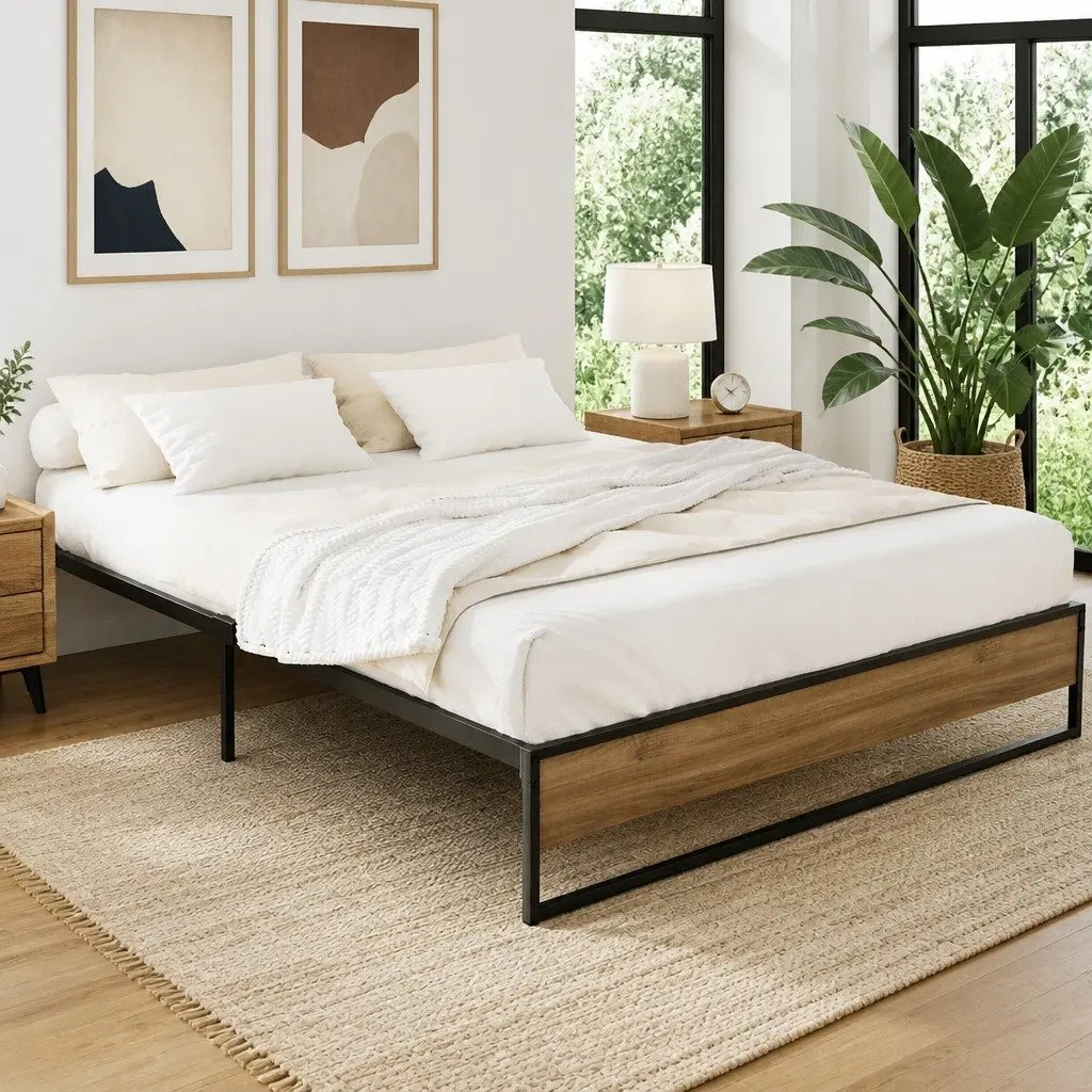 Queen Metal Bed Frame with Wood Accents