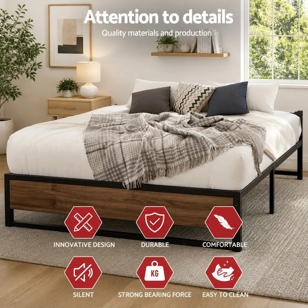 Queen Metal Bed Frame with Wood Accents