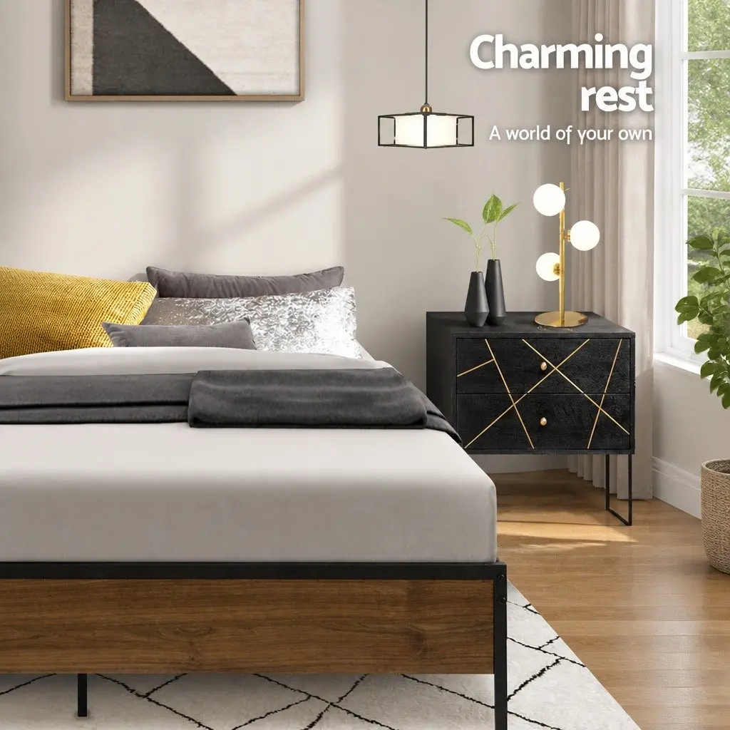 Queen Metal Bed Frame with Wood Accents