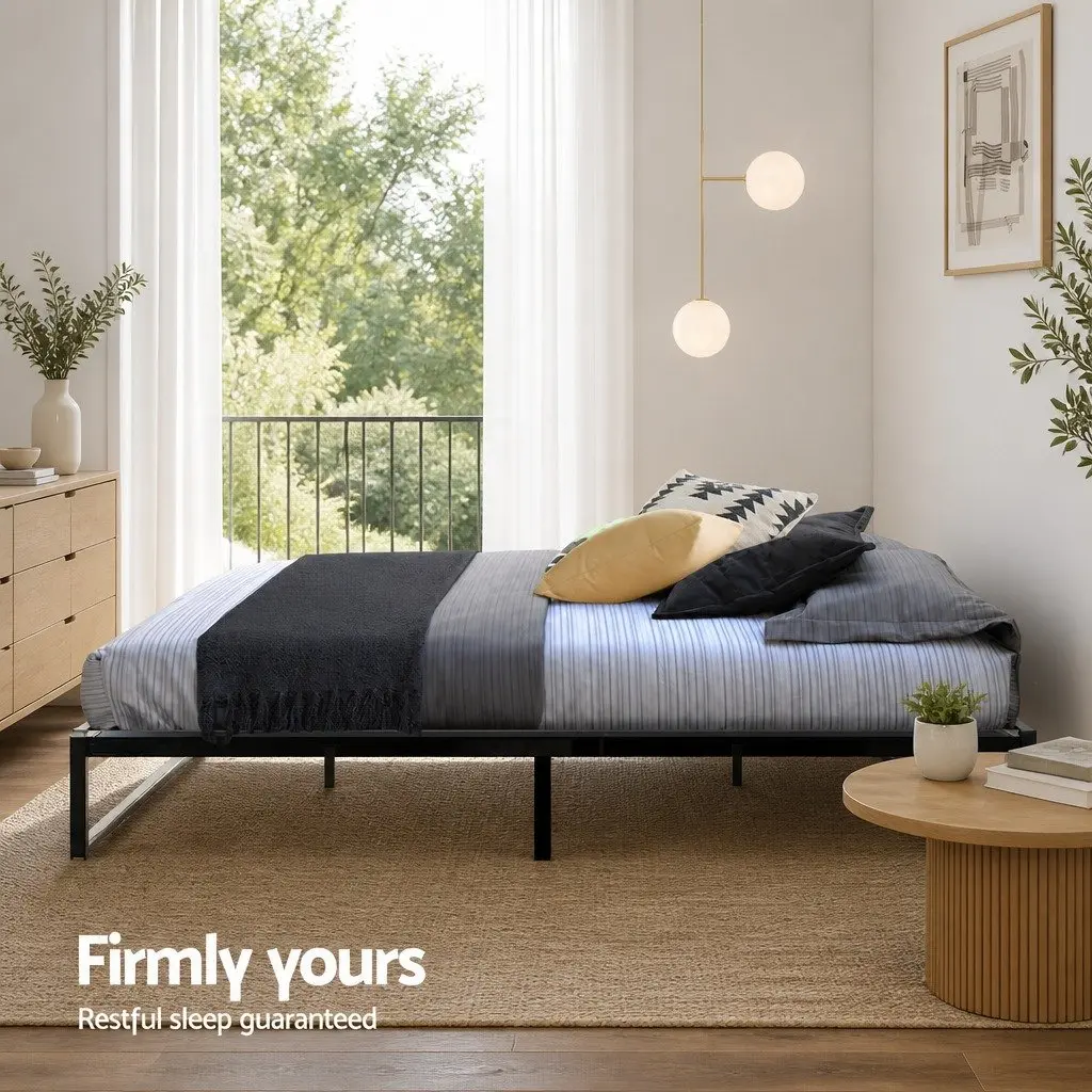 Queen Metal Bed Frame with Wood Accents