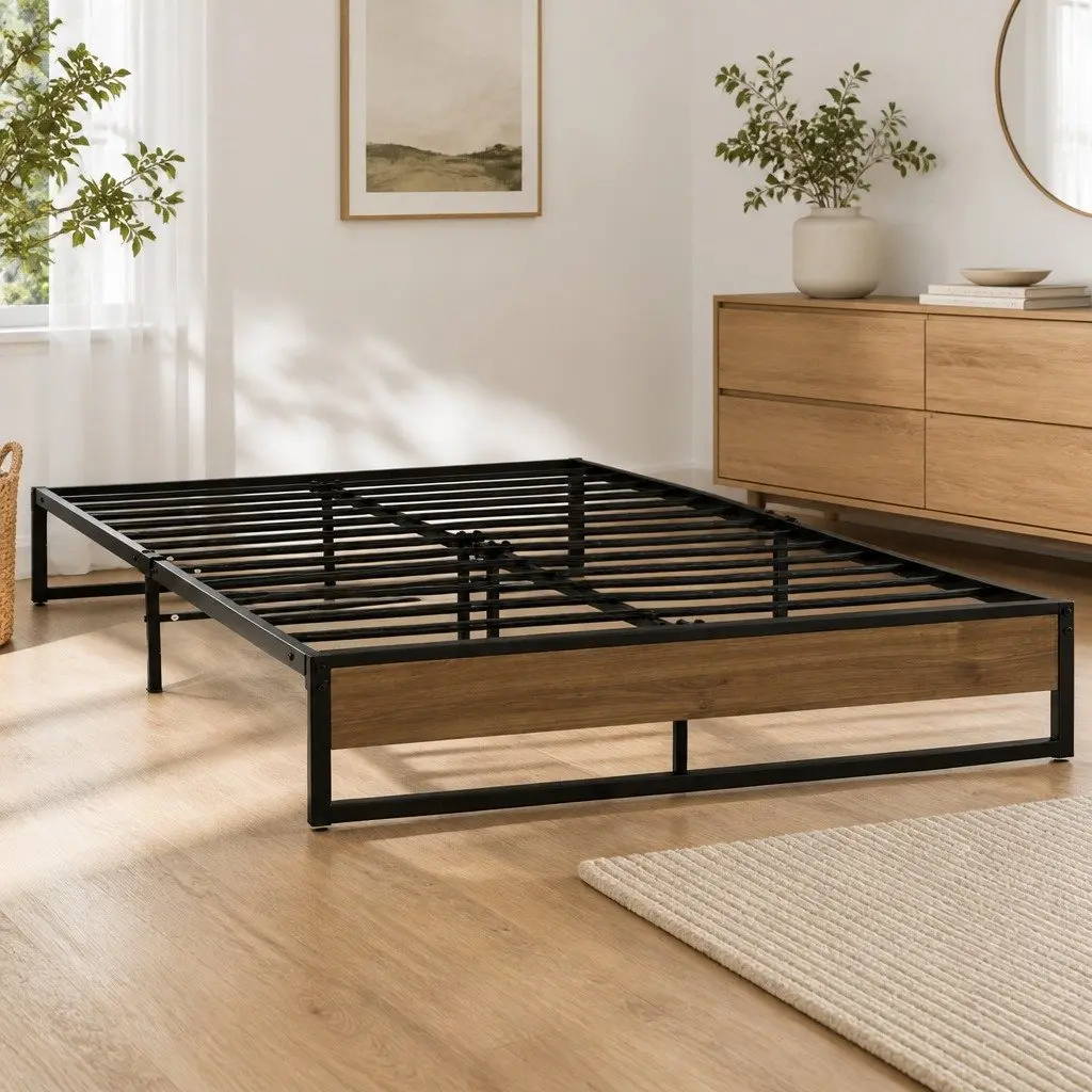 Queen Metal Bed Frame with Wood Accents