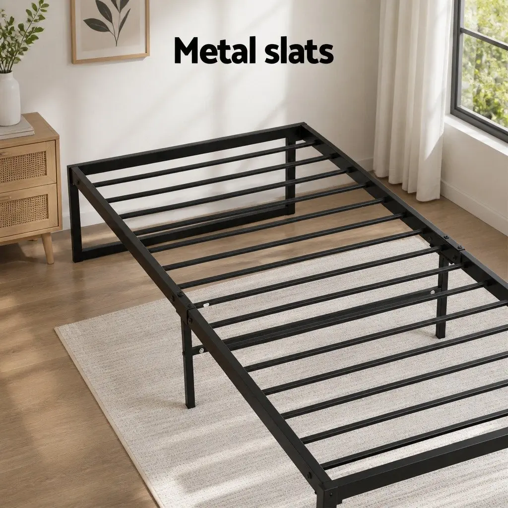 Single Bed Frame with 2 Storage Drawers Metal Base Industrial Design Furniture