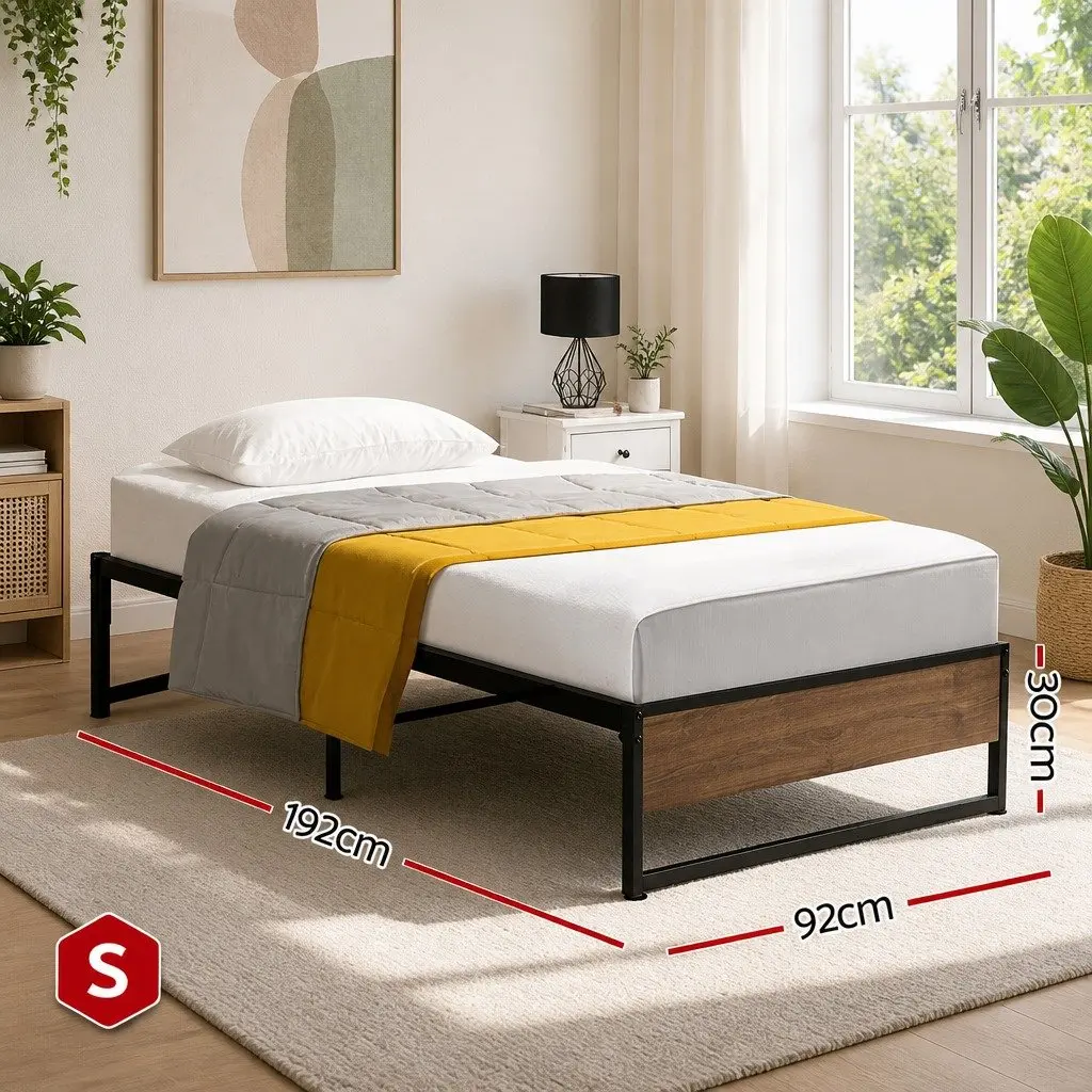 Single Metal Bed Frame Industrial Design Steel MDF Black Bedroom Furniture Base