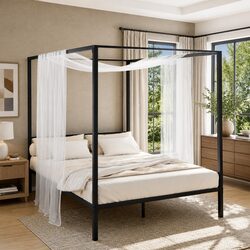 Double Size Metal Bed Frame Four-Poster Canopy Black Steel Bedroom Furniture