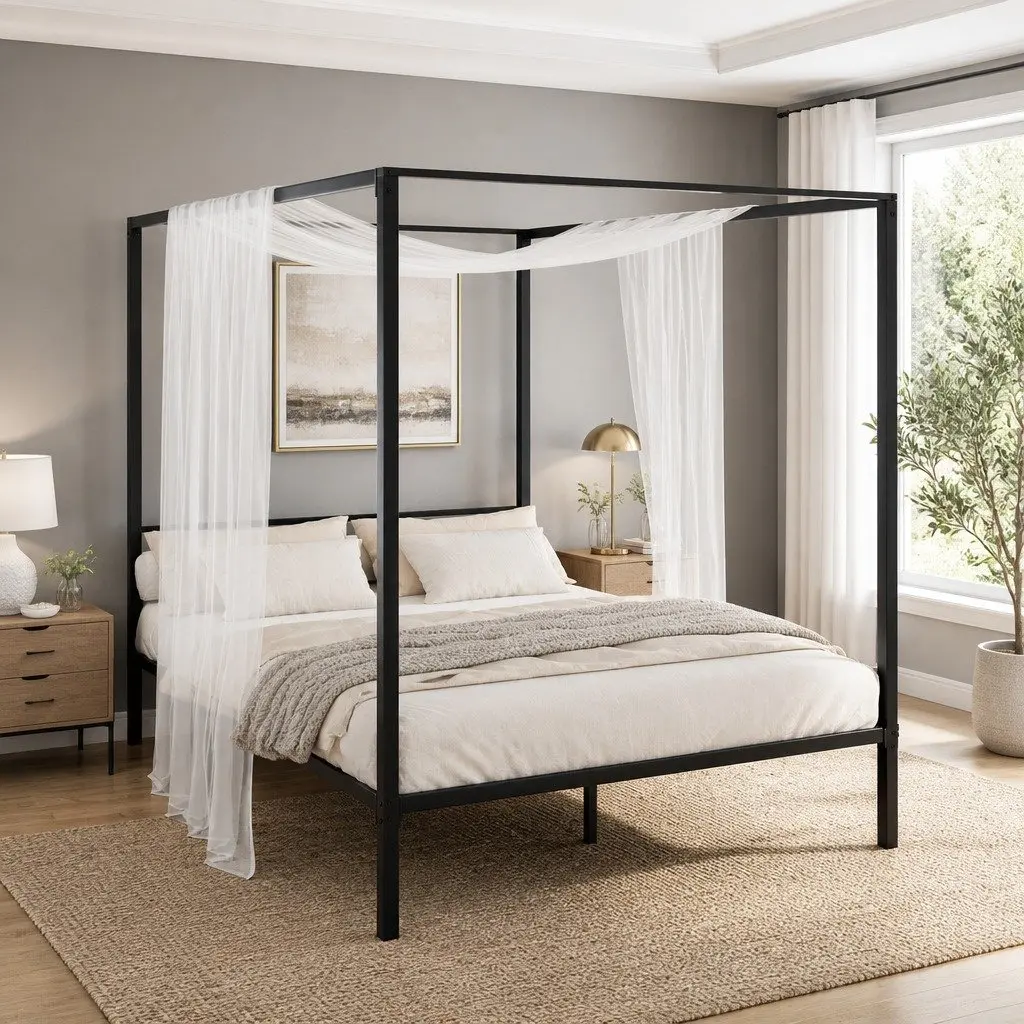 Metal Bed Frame Queen Bedroom Four-Poster Canopy Black Steel