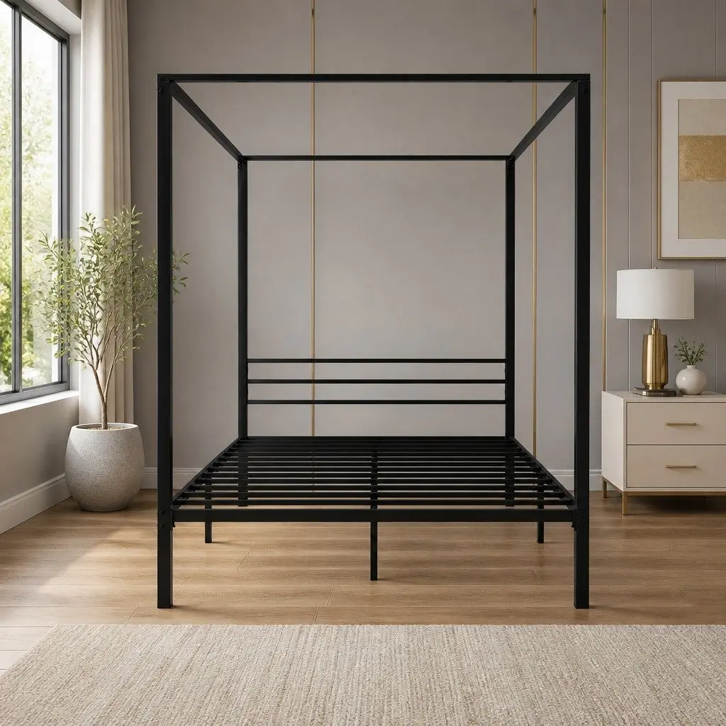 Metal Bed Frame Queen Bedroom Four-Poster Canopy Black Steel