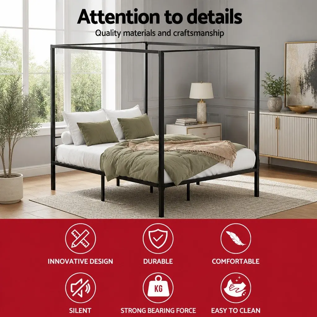 Metal Bed Frame Queen Bedroom Four-Poster Canopy Black Steel