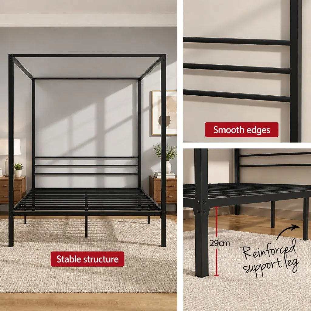 Metal Bed Frame Queen Bedroom Four-Poster Canopy Black Steel