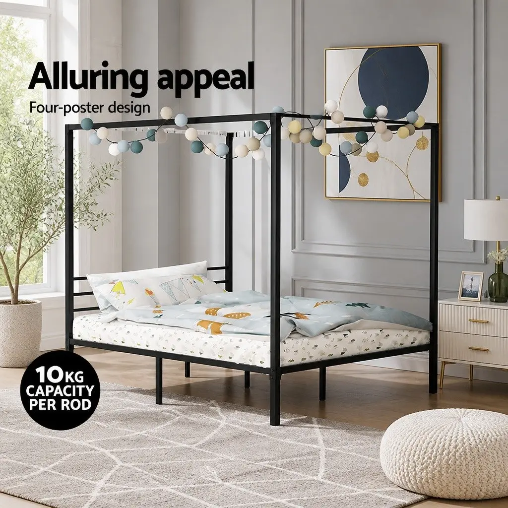 Metal Bed Frame Queen Bedroom Four-Poster Canopy Black Steel