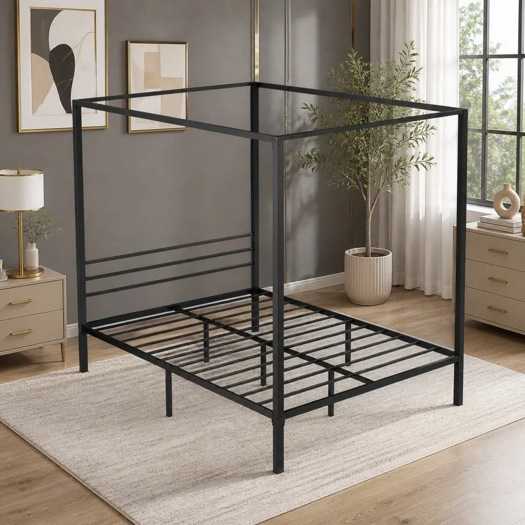 Metal Bed Frame Queen Bedroom Four-Poster Canopy Black Steel