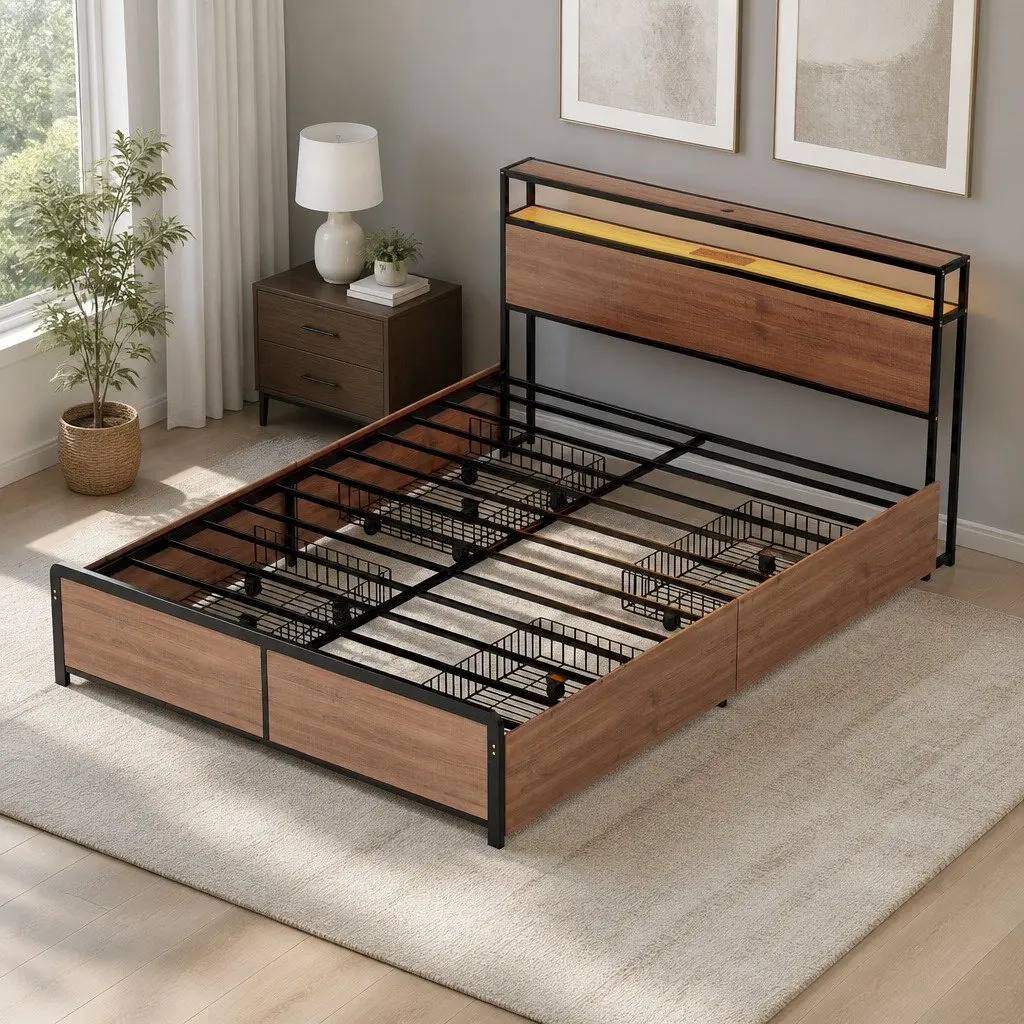 Double Bed Frame Metal LED Headboard USB Charging 4 Storage Drawers Black