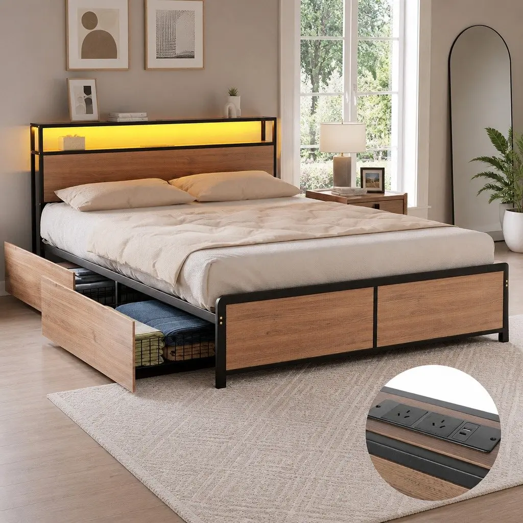 Double Bed Frame Metal LED Headboard USB Charging 4 Storage Drawers Black