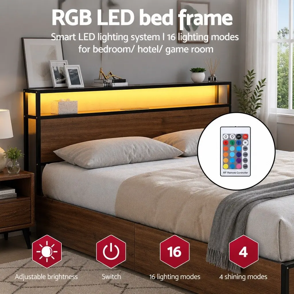 Double Bed Frame Metal LED Headboard USB Charging 4 Storage Drawers Black