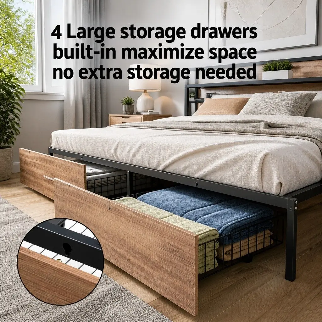 Double Bed Frame Metal LED Headboard USB Charging 4 Storage Drawers Black