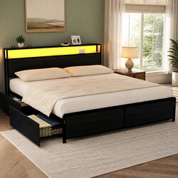 King Size Metal Bed Frame with Storage Drawers LED Charging Station Headboard
