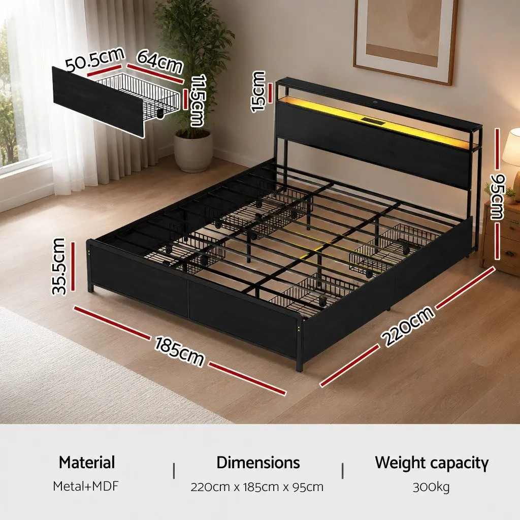 King Size Metal Bed Frame with Storage Drawers LED Charging Station Headboard
