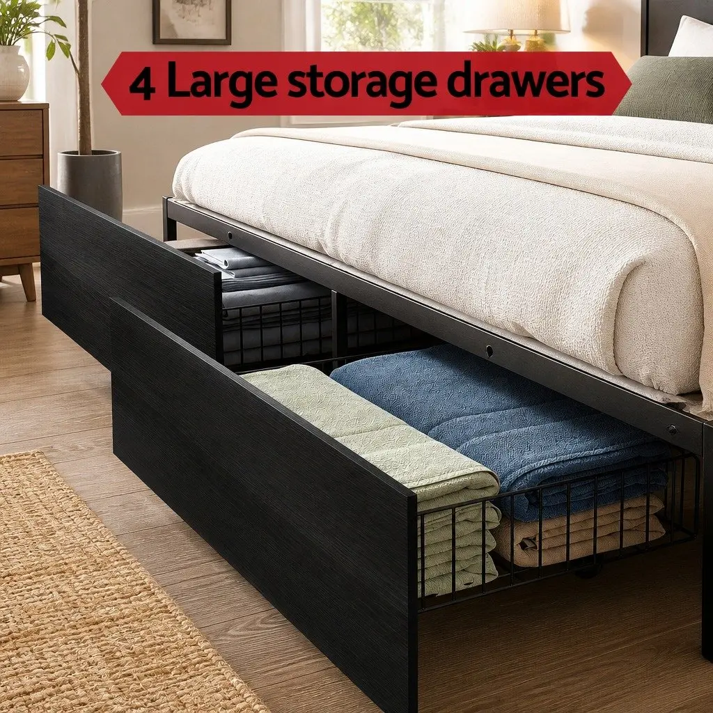 King Size Metal Bed Frame with Storage Drawers LED Charging Station Headboard
