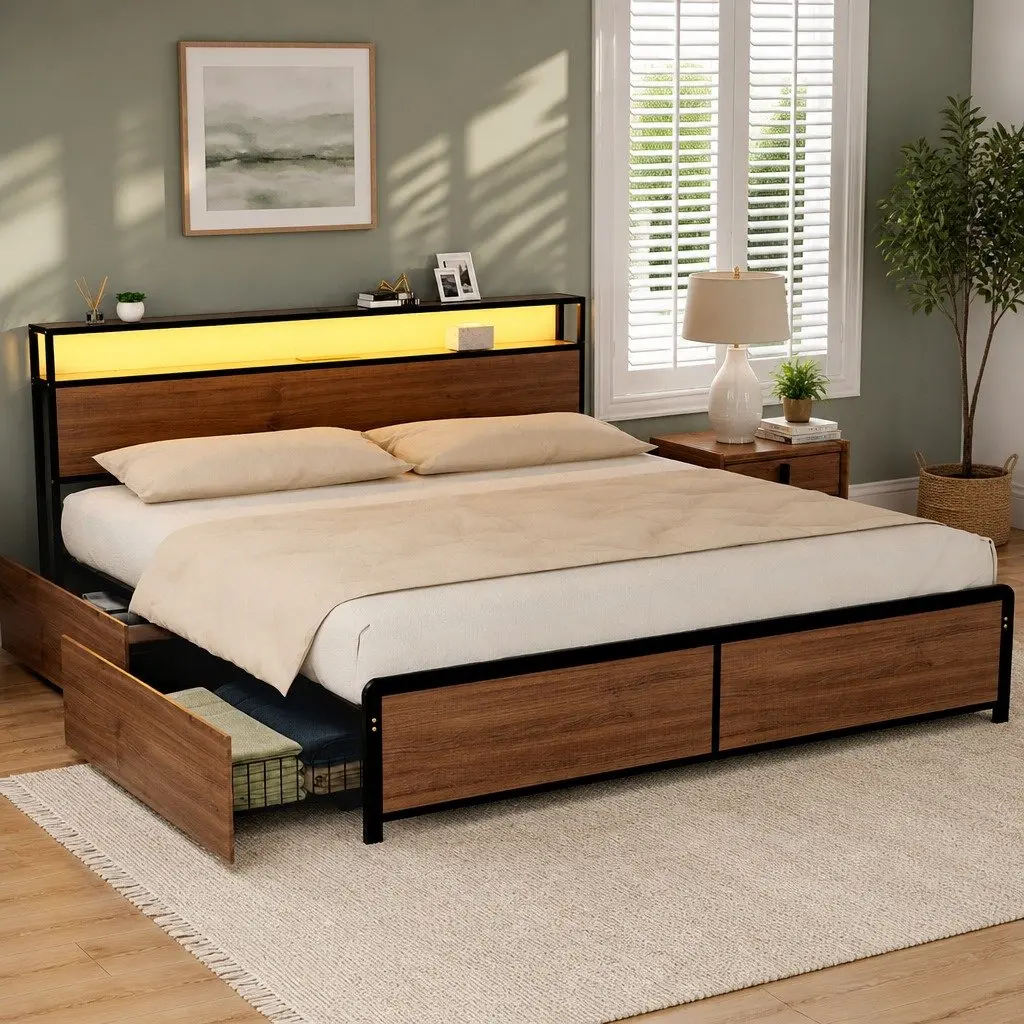King Size Metal Bed Frame with Storage Headboard 4 Drawers LED Charging Station