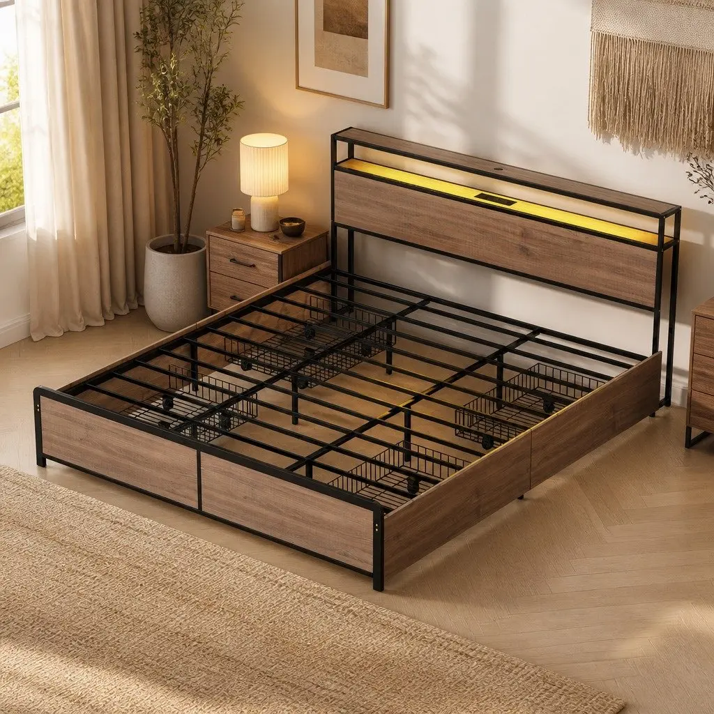 King Size Metal Bed Frame with Storage Headboard 4 Drawers LED Charging Station