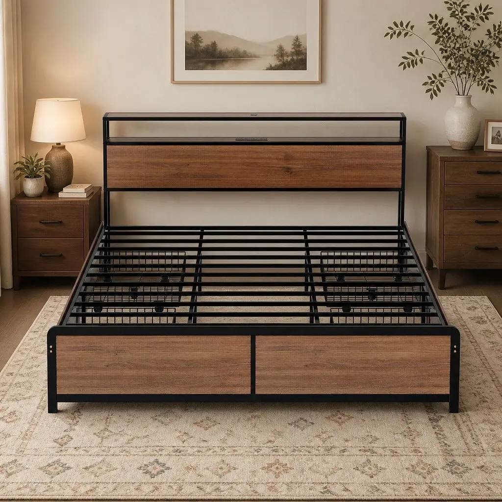 King Size Metal Bed Frame with Storage Headboard 4 Drawers LED Charging Station