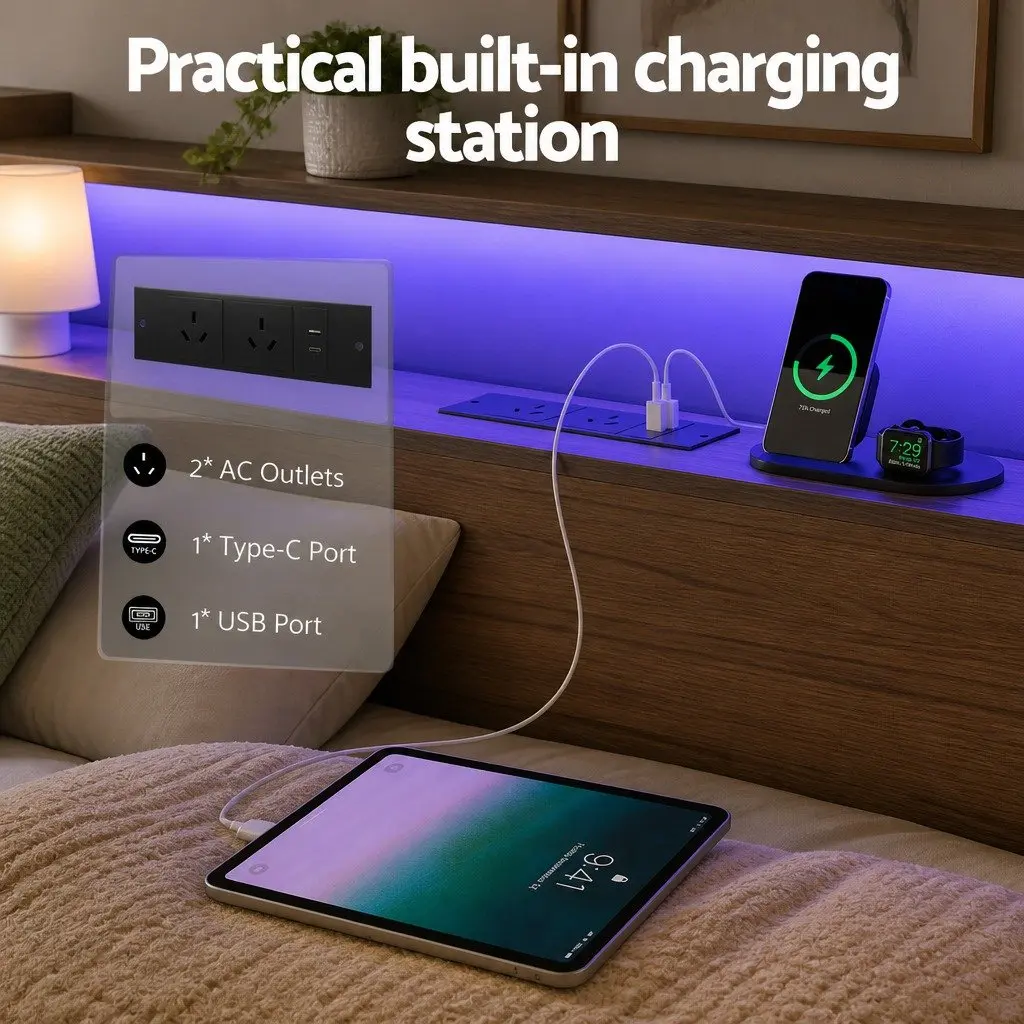 King Size Metal Bed Frame with Storage Headboard 4 Drawers LED Charging Station