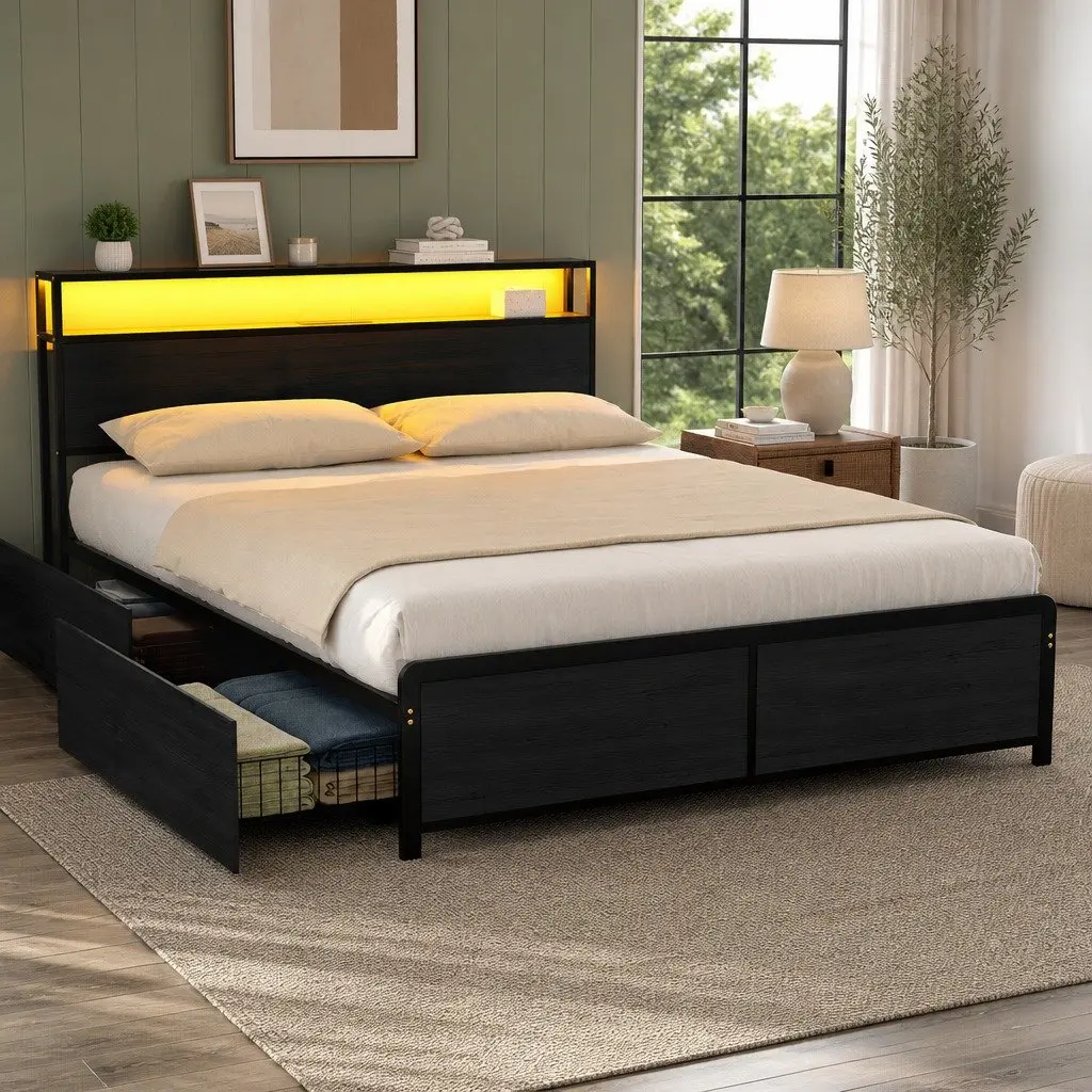 Metal Bed Frame for Queen Mattress with LED and Storage