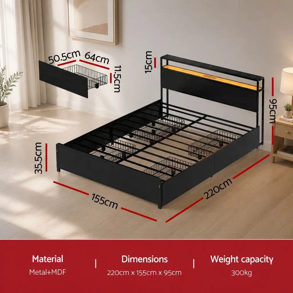 Metal Bed Frame for Queen Mattress with LED and Storage