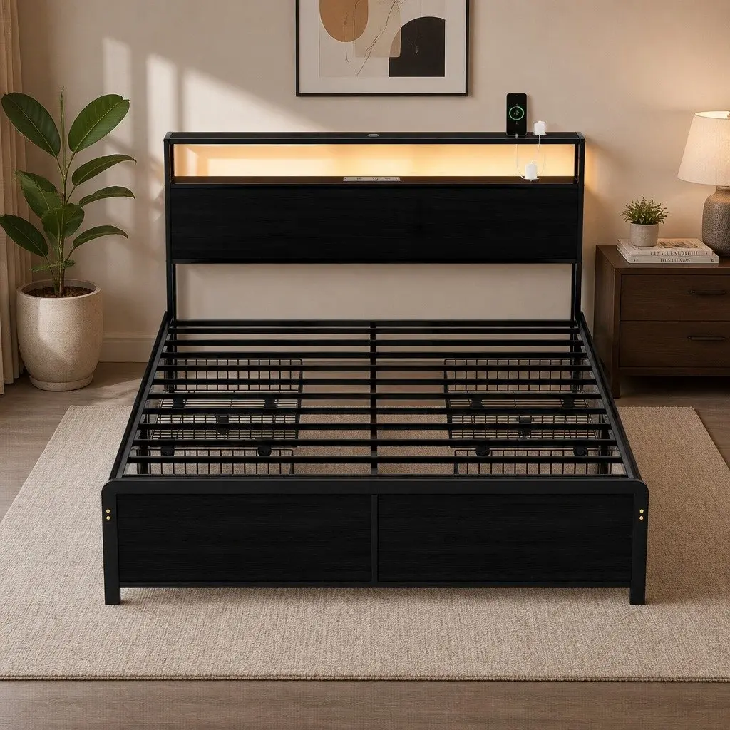 Metal Bed Frame for Queen Mattress with LED and Storage