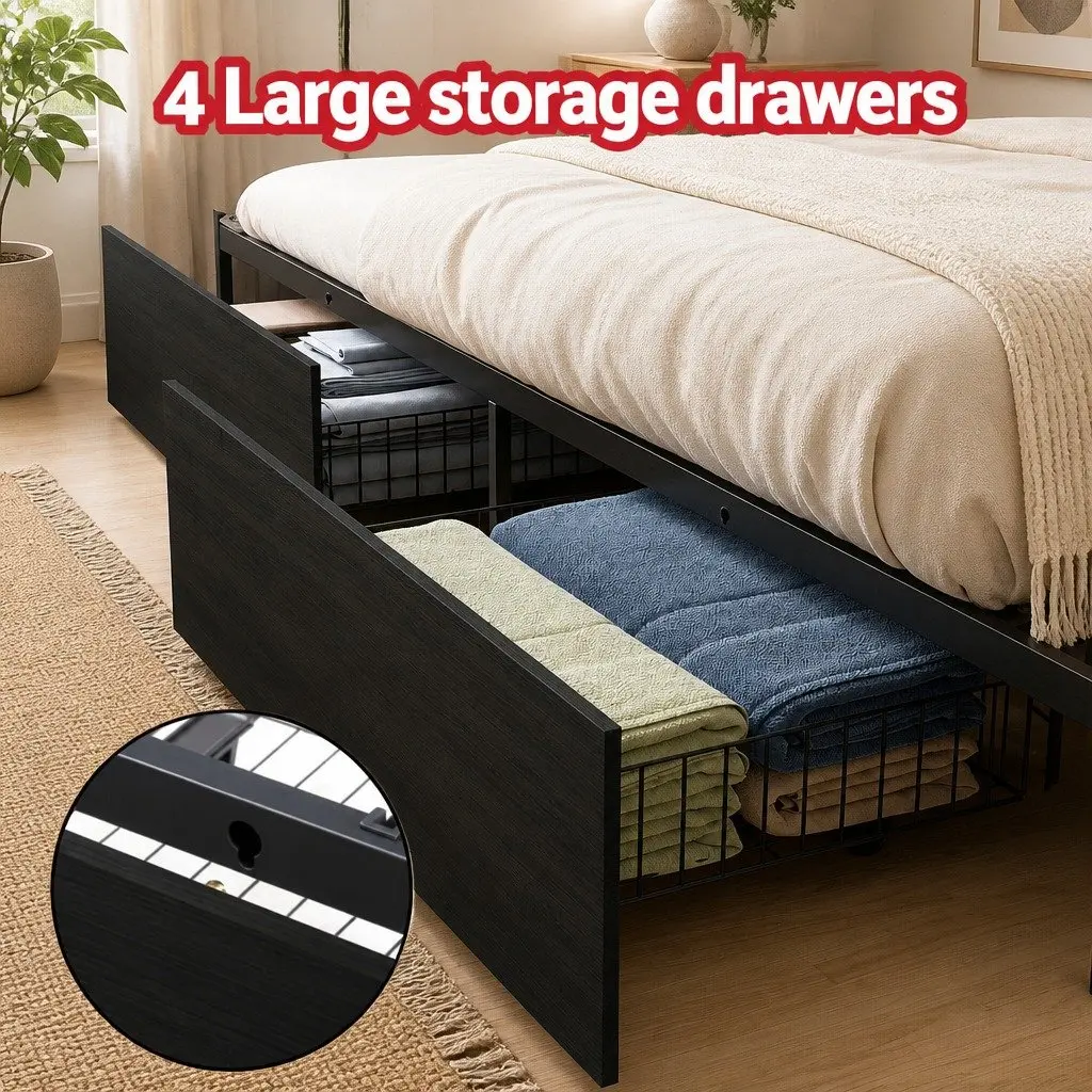 Metal Bed Frame for Queen Mattress with LED and Storage