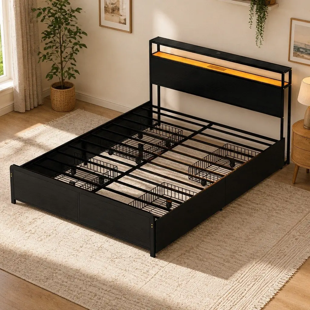 Metal Bed Frame for Queen Mattress with LED and Storage