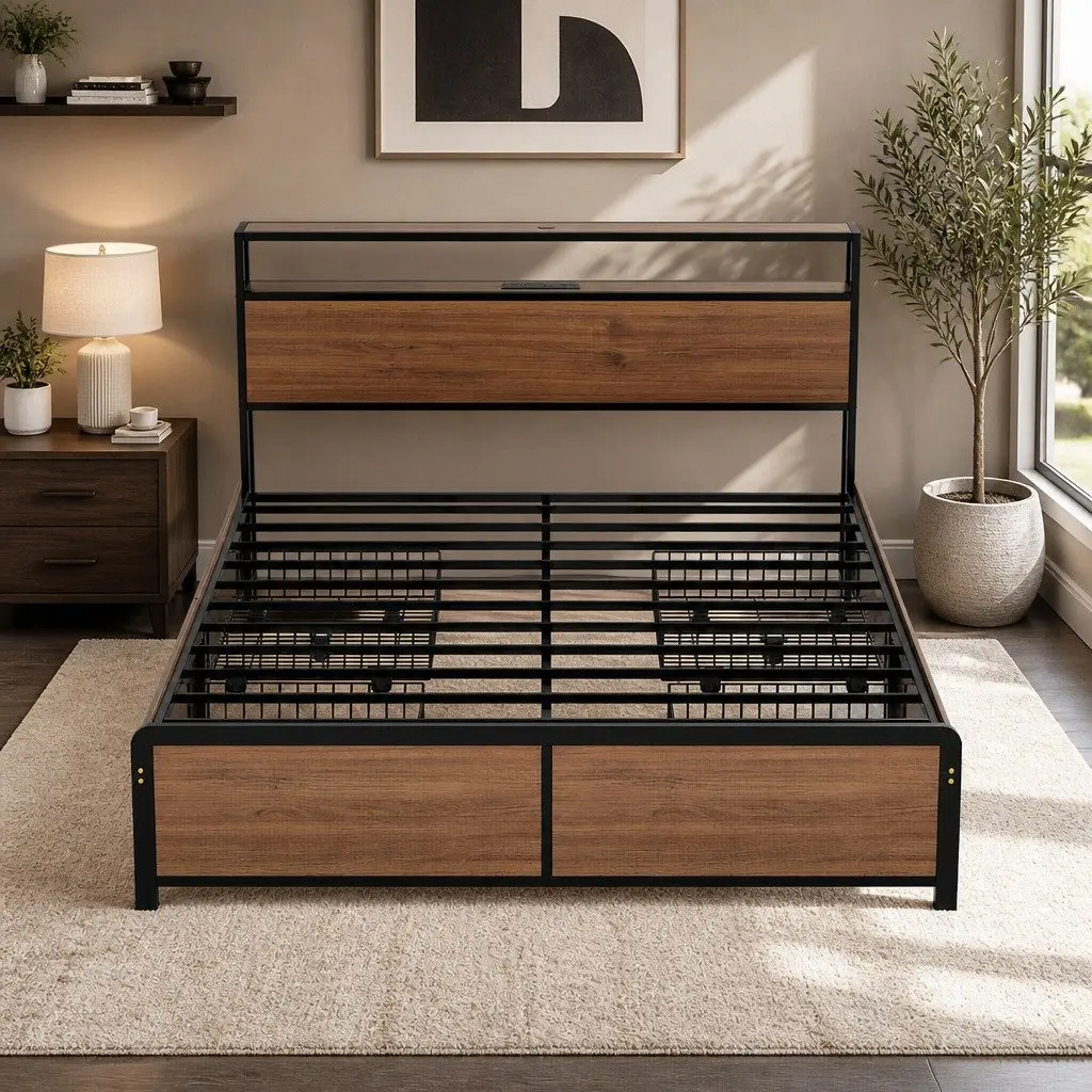 Queen Size Metal Bed Frame with Storage Headboard