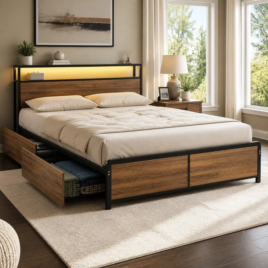 Queen Size Metal Bed Frame with Storage Headboard