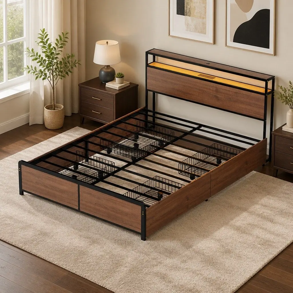 Queen Size Metal Bed Frame with Storage Headboard