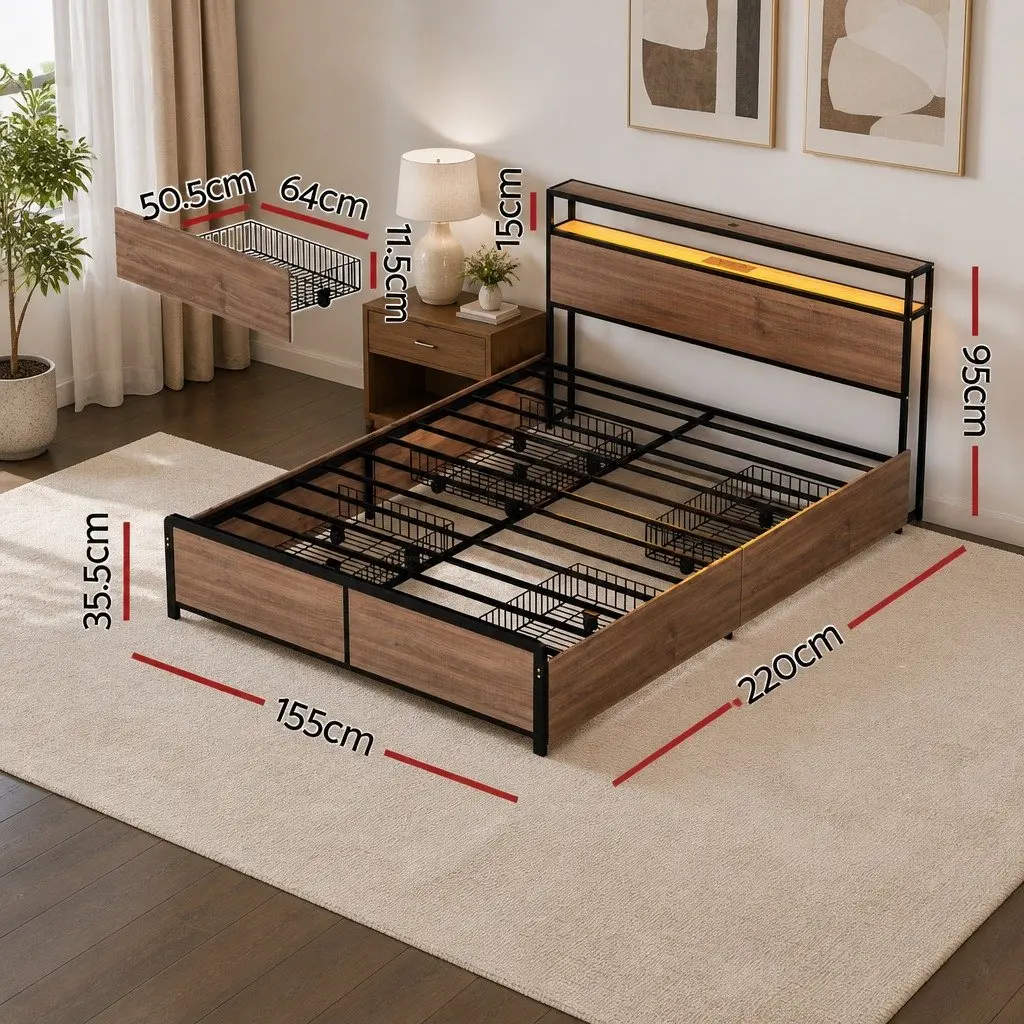 Queen Size Metal Bed Frame with Storage Headboard