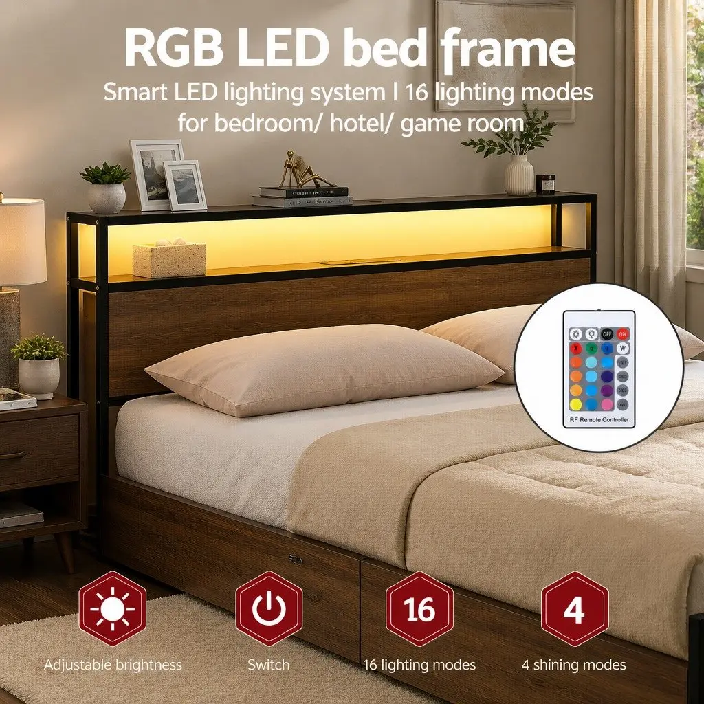 Queen Size Metal Bed Frame with Storage Headboard
