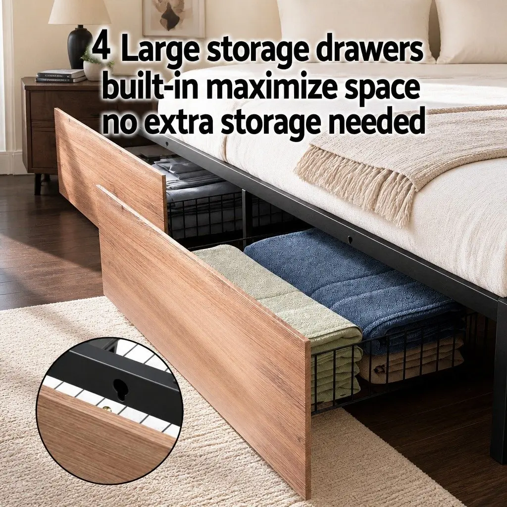 Queen Size Metal Bed Frame with Storage Headboard