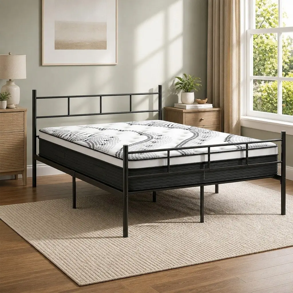 Double Bed Frame with Euro Top Mattress for Bedroom 198cm L x 142cm W x 88cm H Black White