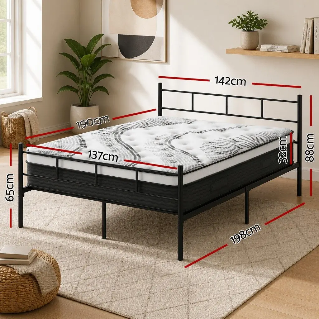 Double Bed Frame with Euro Top Mattress for Bedroom 198cm L x 142cm W x 88cm H Black White
