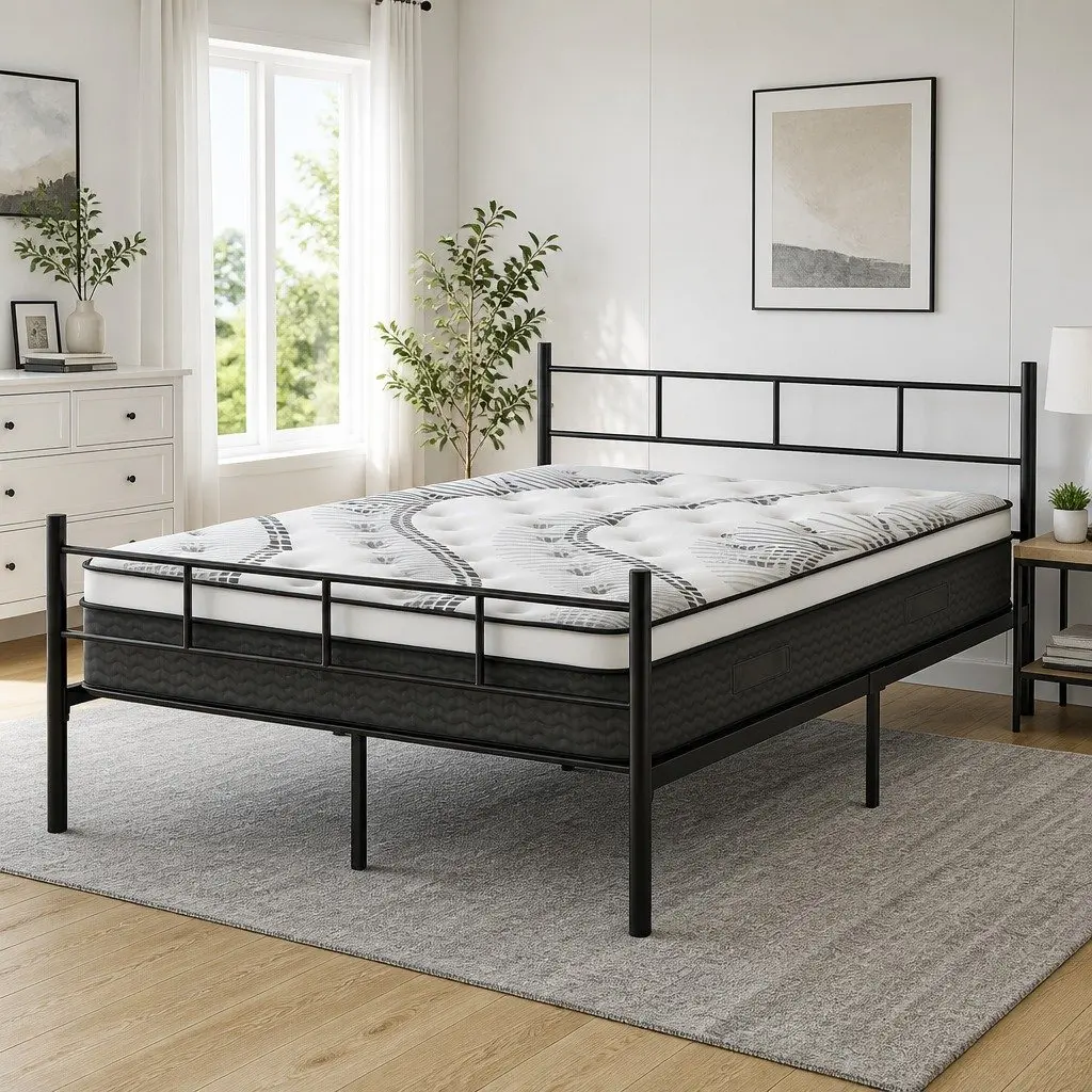 Double Bed Frame with Euro Top Mattress for Bedroom 198cm L x 142cm W x 88cm H Black White