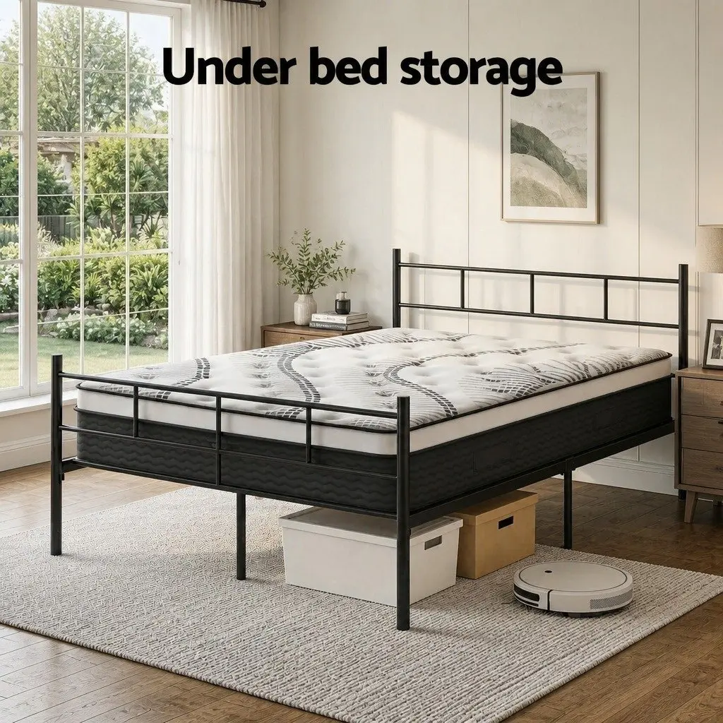 Double Bed Frame with Euro Top Mattress for Bedroom 198cm L x 142cm W x 88cm H Black White