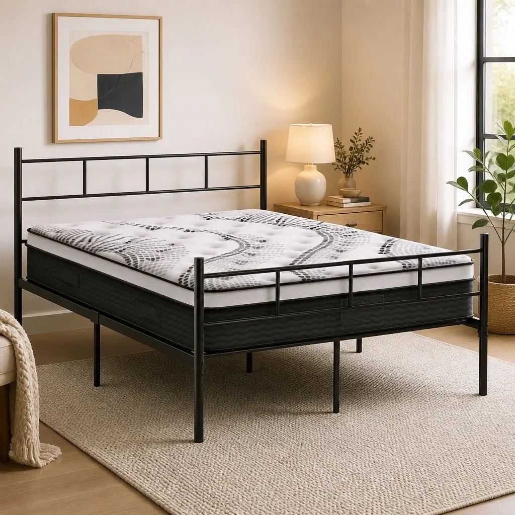Double Bed Frame with Euro Top Mattress for Bedroom 198cm L x 142cm W x 88cm H Black White