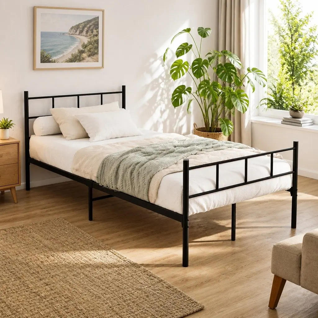 Metal Bed Frame King Single Black Steel Slat Base Bedroom Furniture Storage