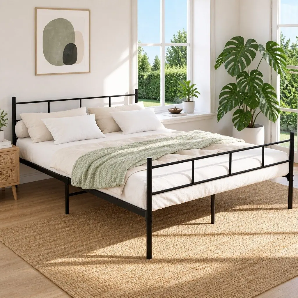 Queen Metal Bed Frame Black Steel Powder-Coated Storage Underneath Support Slats